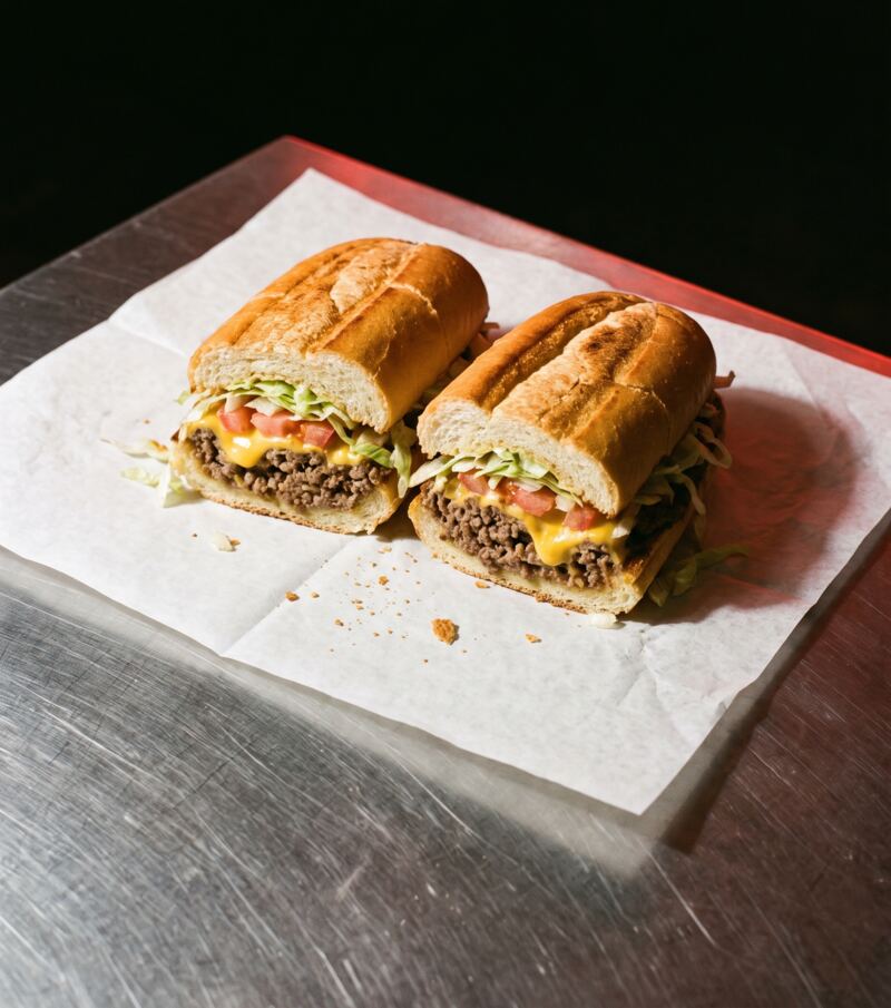 A chopped cheese sandwich cut in half on deli paper