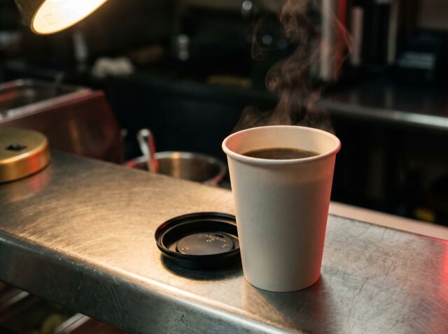 A paper cup of hot black coffee with steam rising
